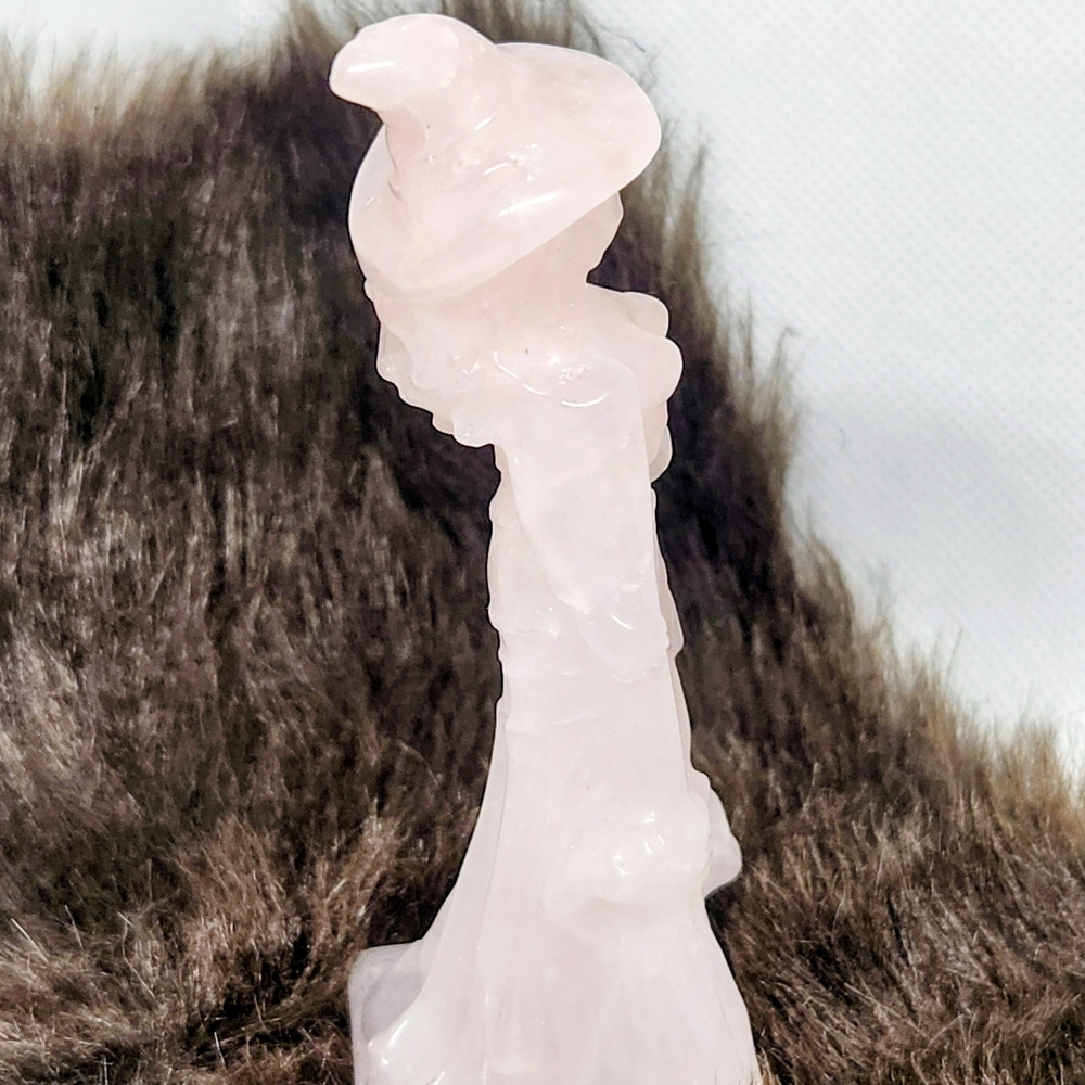 Rose Quartz Witch Carving. Pink Crystal Decor.